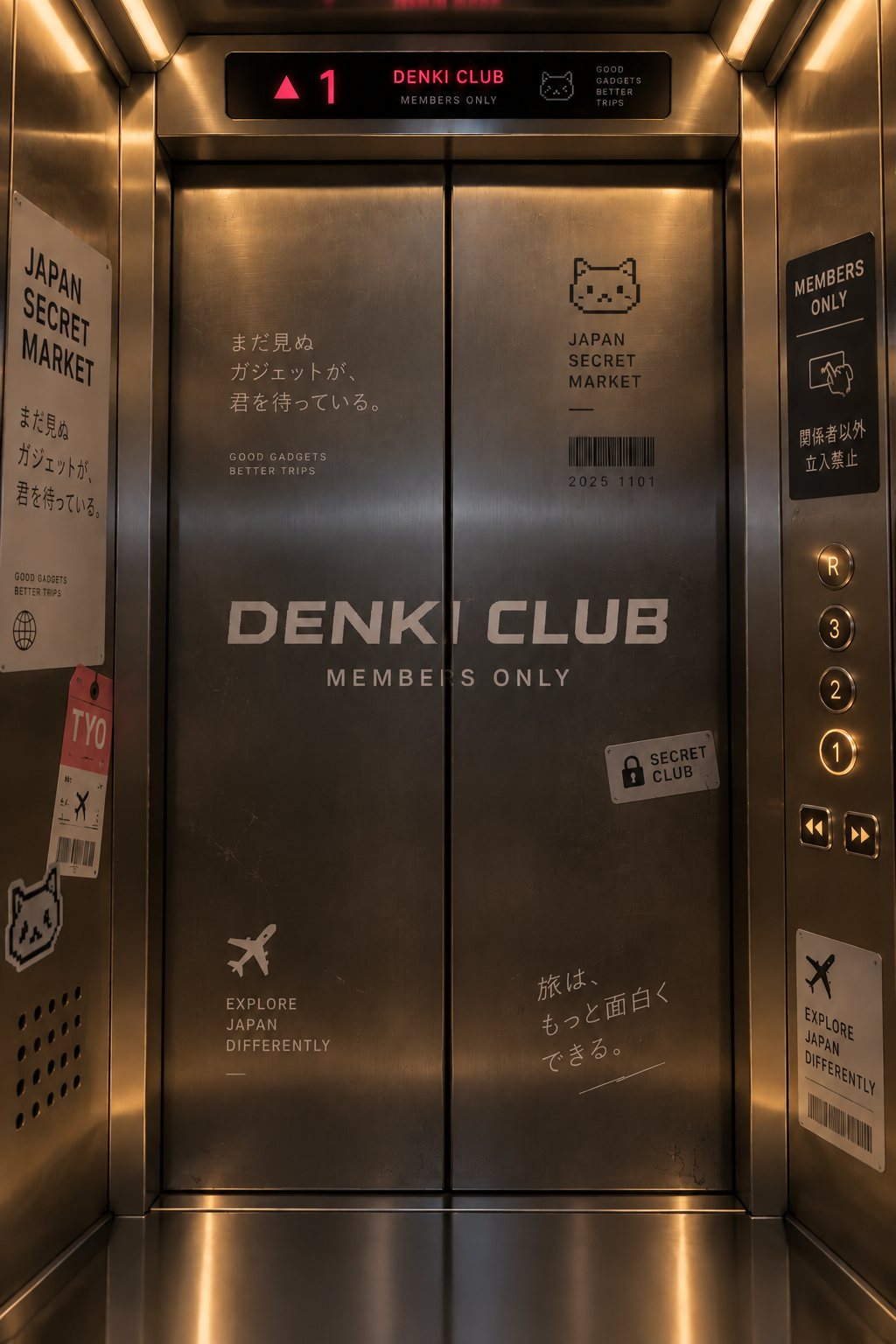 엘리베이터 안. 닫힌 문에 DENKI CLUB MEMBERS ONLY라고 쓰여 있어요